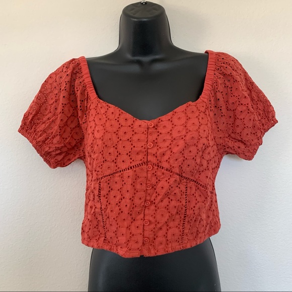 Lucky Brand Red Eyelet Button Front Peasant Puff Sleeve Shirt Tandori Spice - Picture 5 of 12